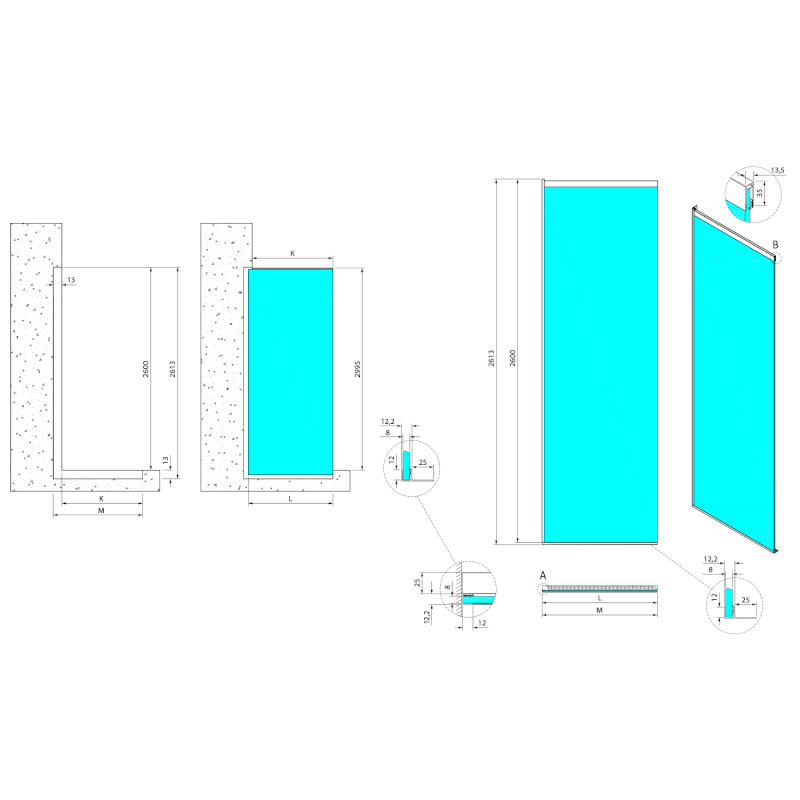 ARCHITEX sada pro neviditelné uchycení skla, podlaha-stěna-strop, 1615x2600mm, černá mat AX2516B