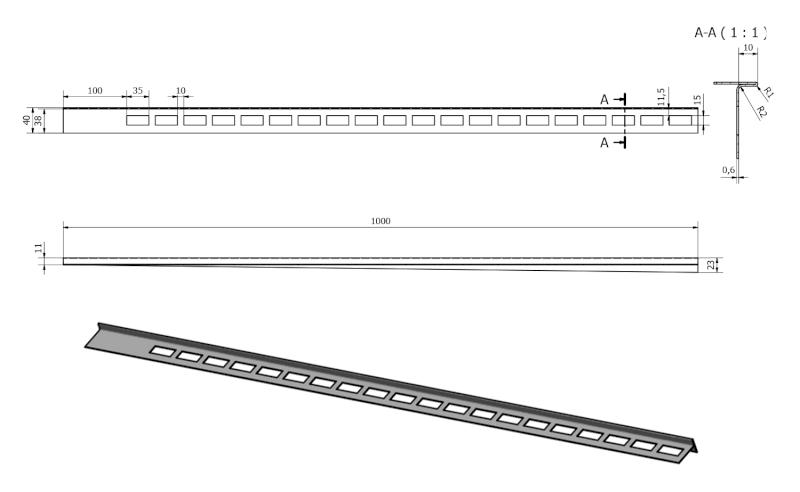 Spádová lišta, pravá, výška 10mm, délka 1000mm, nerez mat SPD10-P