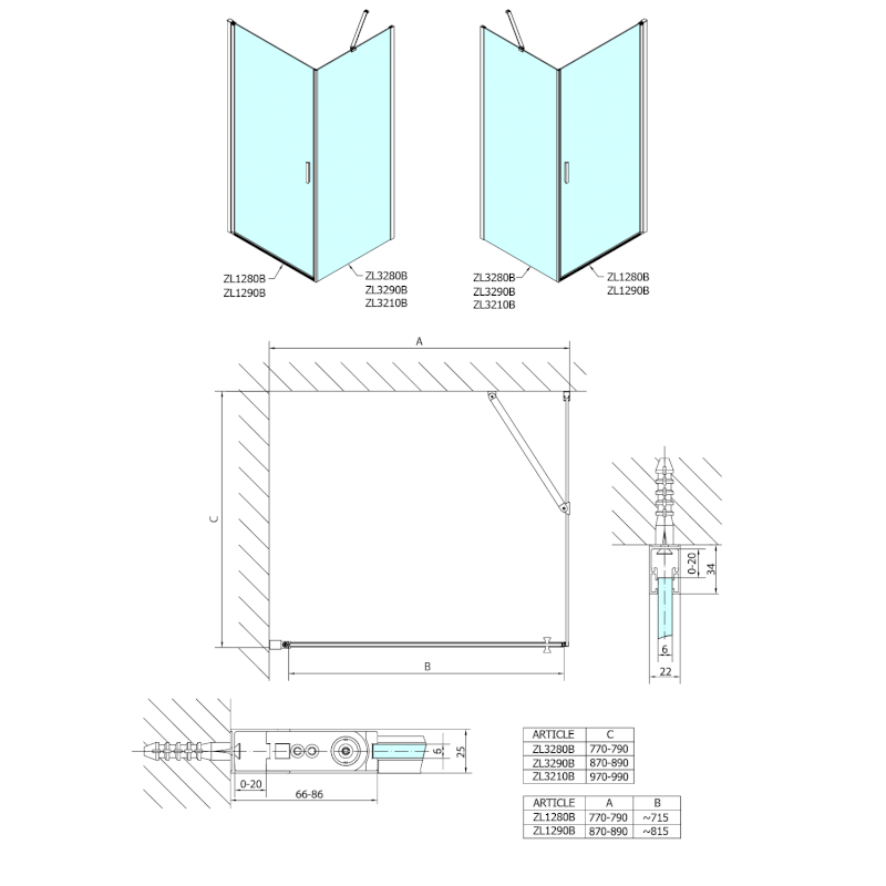 ZOOM BLACK boční stěna 800mm, čiré sklo ZL3280B