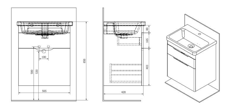 ELLA umyvadlová skříňka 56,5x65x43cm, 2x zásuvka, bílá EL062-3030