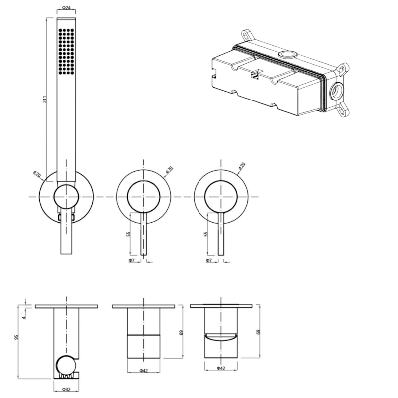 MINIMAL podomítková sprchová/vanová baterie s ruční sprchou, 2 výstupy, nerez mat MI545
