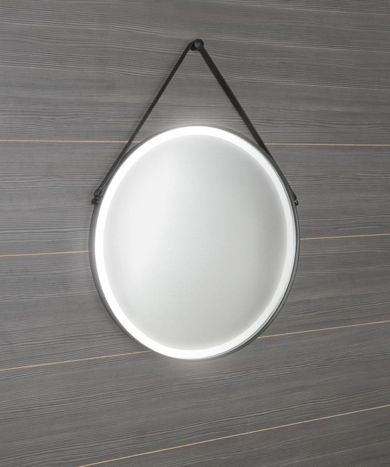 ORBITER kulaté zrcadlo s LED osvětlením ø 60cm, kožený pásek, černá mat ORL060