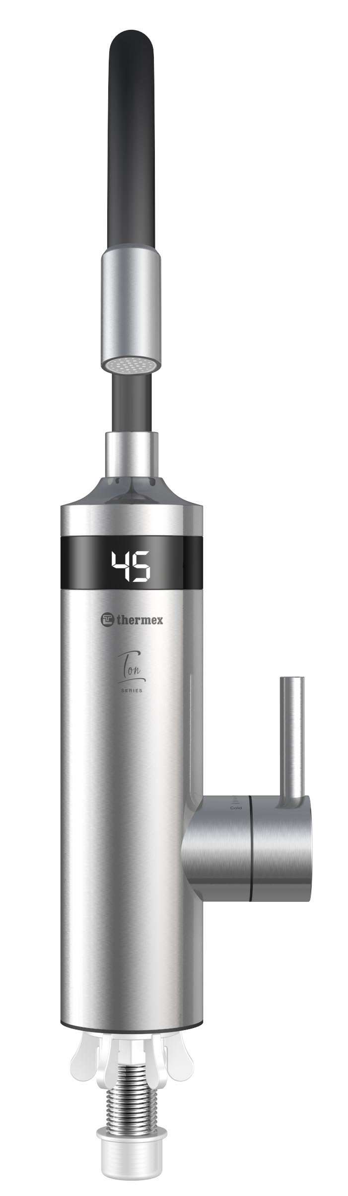 TON elektrická vodovodní baterie s průtokovým ohřívačem vody, flexi ramínko, 230V, 3kW, černá/nerez 211085