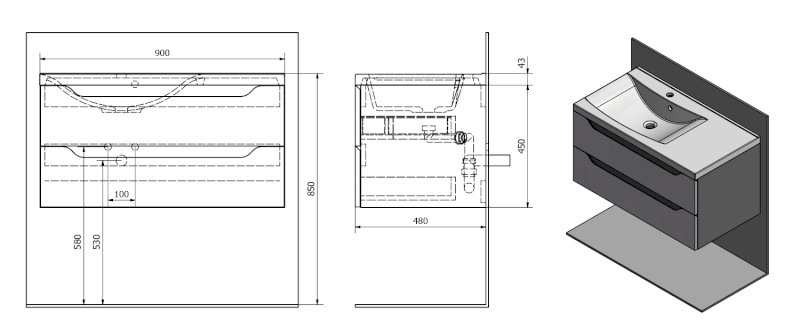 WAVE umyvadlová skříňka 89,7x45x47,8cm, levá, bílá/dub collingwood WA092-3019