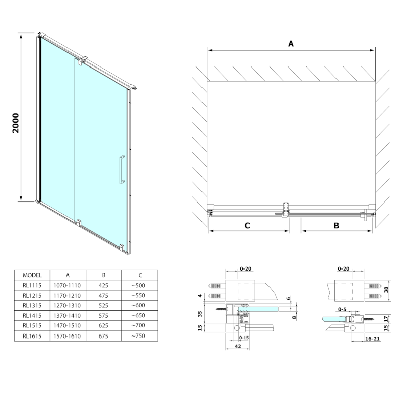 ROLLS sprchové dveře 1600mm, výška 2000mm, čiré sklo RL1615