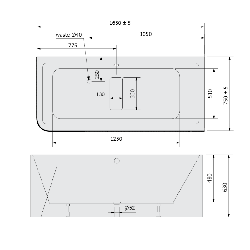MARLENE CURVE R MONOLITH obdélníková vana 165x75x63cm, bílá/černá 72403MCRB