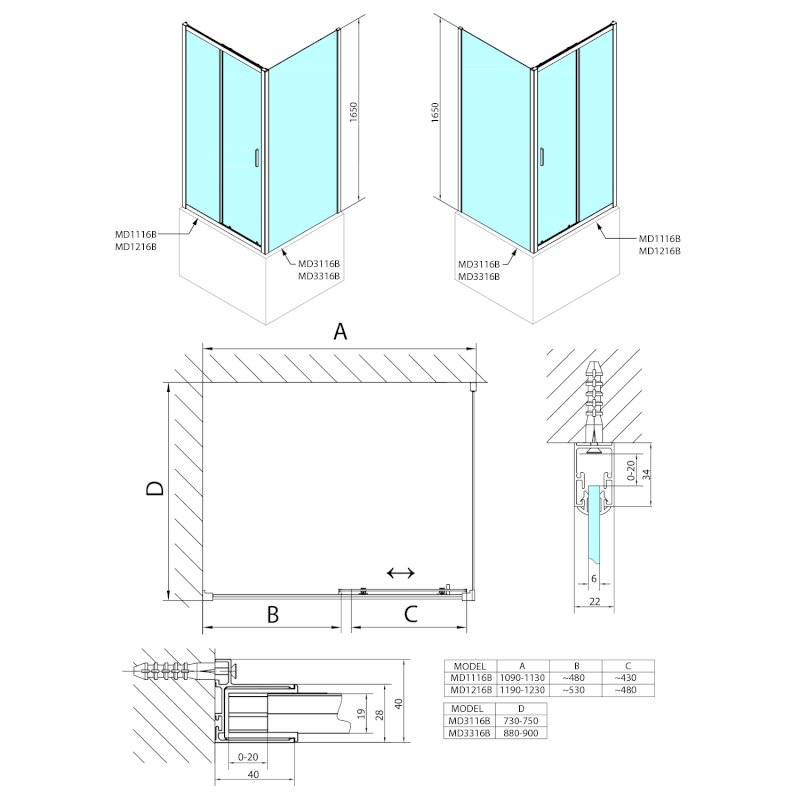 DEEP BLACK sprchové dveře 1100x1650mm, čiré sklo MD1116B