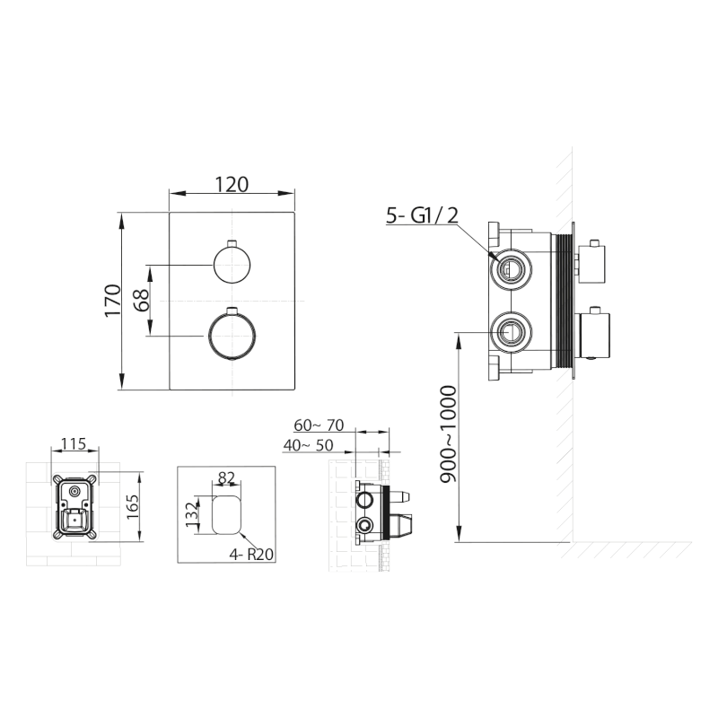 KIMURA podomítková sprchová termostatická baterie, box, 3 výstupy, chrom KU683