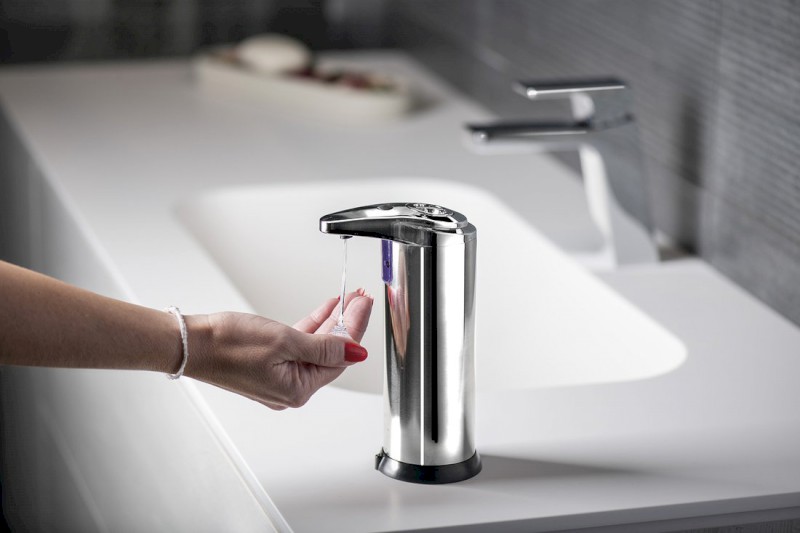 Bezdotykový dávkovač mýdla na postavení, 240ml, 74x184x113mm, nerez lesk 06672