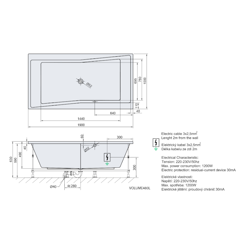 QUEST hydromasážní vana, 190x100x49cm, Active Hydro-Air, chrom 78531.2010