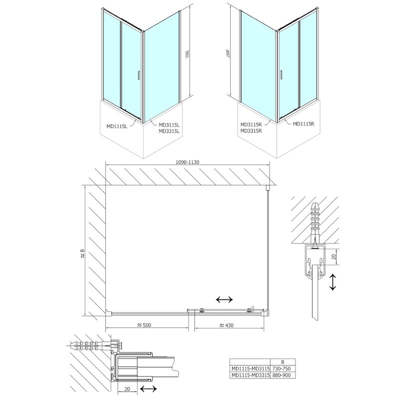 DEEP boční stěna 900x1500 cm, čiré sklo MD3315