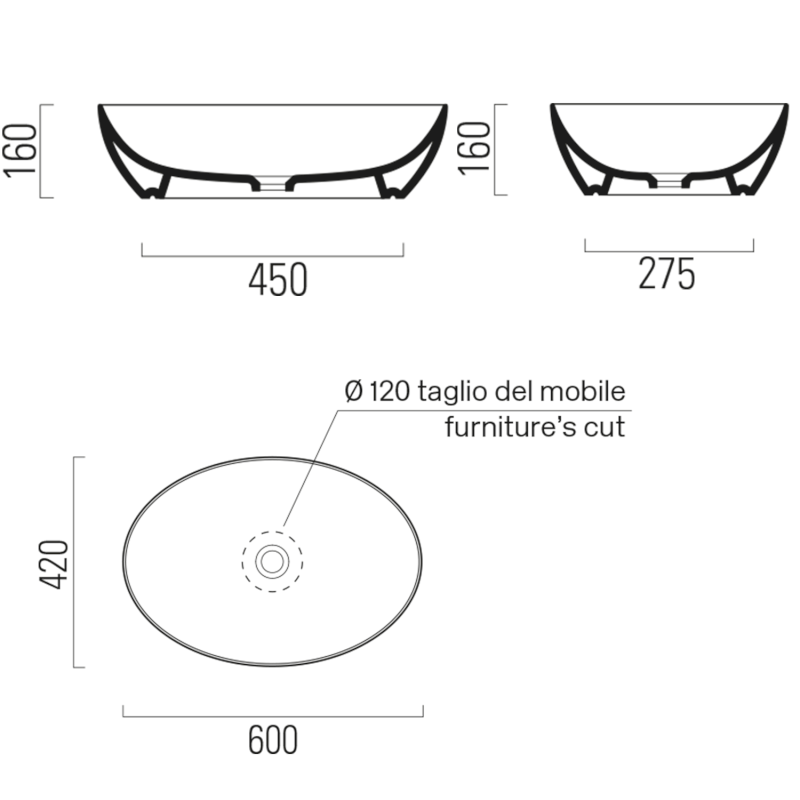 PURA keramické umyvadlo na desku, 60x42cm, ghiaccio mat 884215