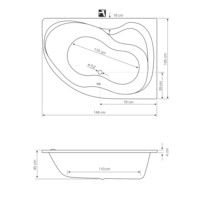 CIDLINA 150 vana 150x105x45cm, pravá, bílá G3619