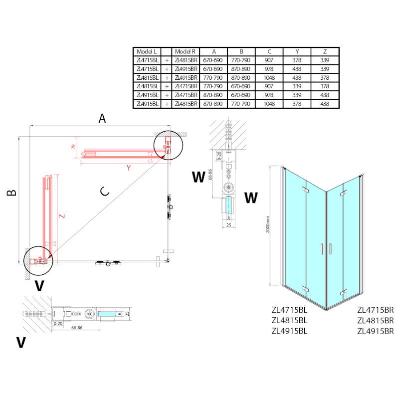 ZOOM BLACK sprchové dveře skládací 900mm, čiré sklo, levé ZL4915BL