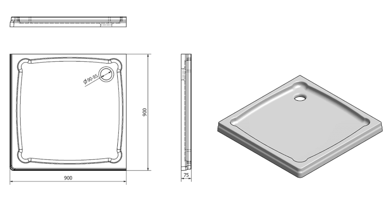 DIONA sprchová vanička z litého mramoru, čtverec 90x90x7,5cm, bílá GD009