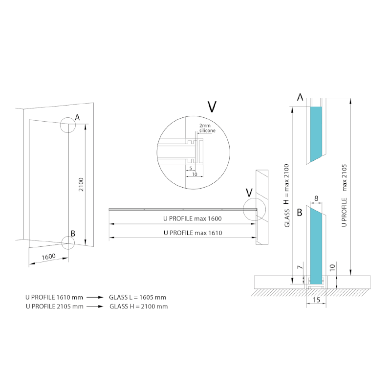 ARCHITEX sada pro neviditelné uchycení skla, podlaha-stěna, 1610x2105mm, leštěný hliník AL2116