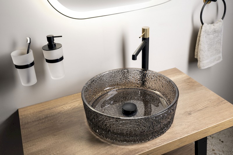 ERSEL skleněné gravírované umyvadlo na desku Ø 39,5cm, černá TY323B