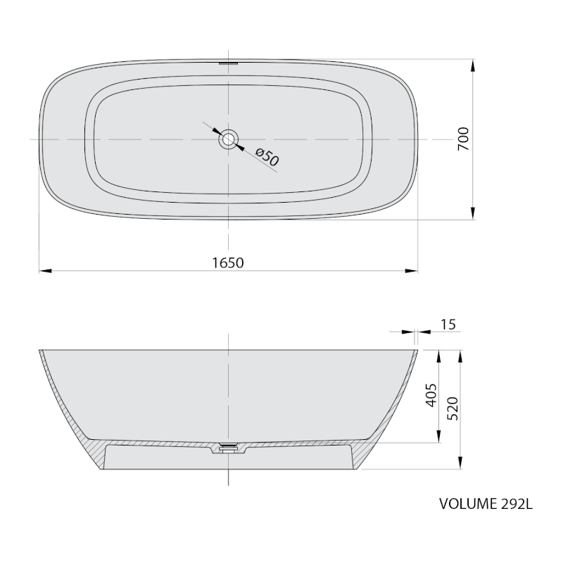 MEDINA volně stojící vana, solid surface, 165x70x52cm, bílá mat 92430