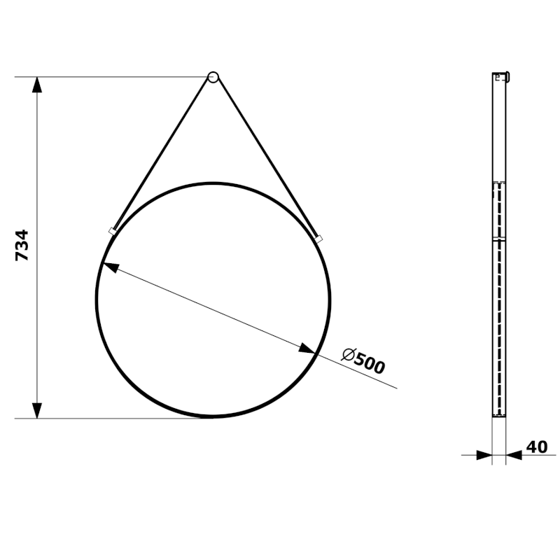 ORBITER kulaté zrcadlo s koženým páskem ø 50cm, černá mat ORT050
