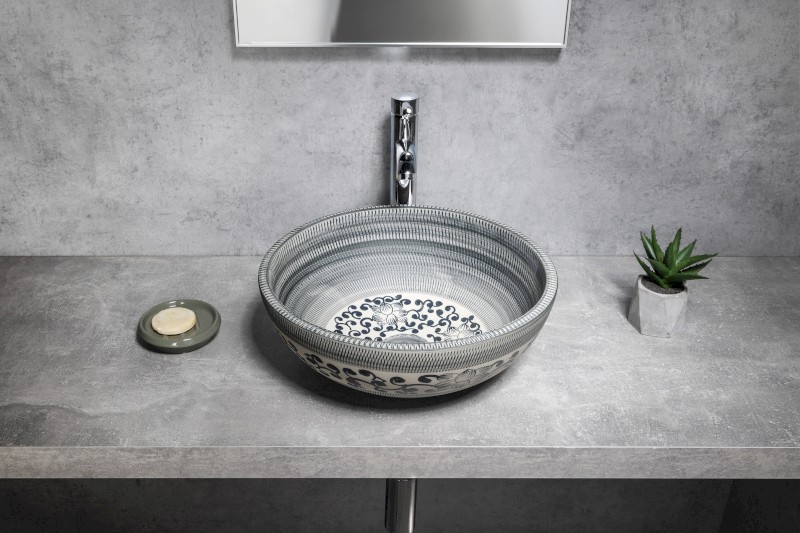 PRIORI keramické umyvadlo na desku, Ø 41 cm, modrá se vzorem PI036