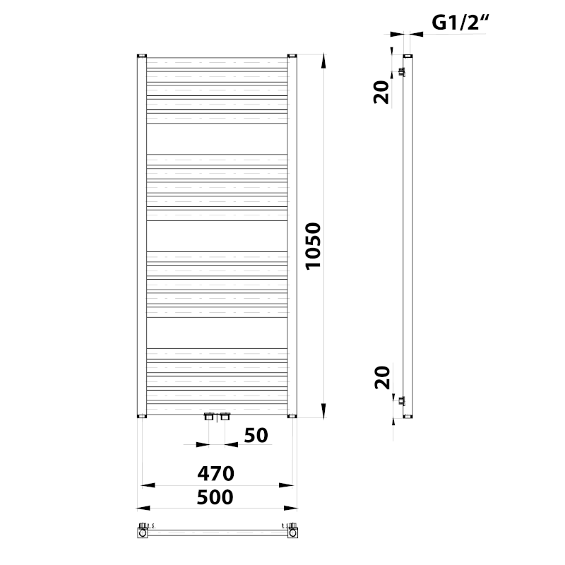 GRUNT otopné těleso rovné 500x1050 mm, středové připojení, bílá 600.121.4