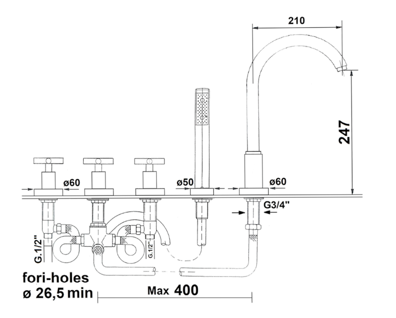AXIA pětiprvková baterie na okraj vany, sprcha Link, chrom 532