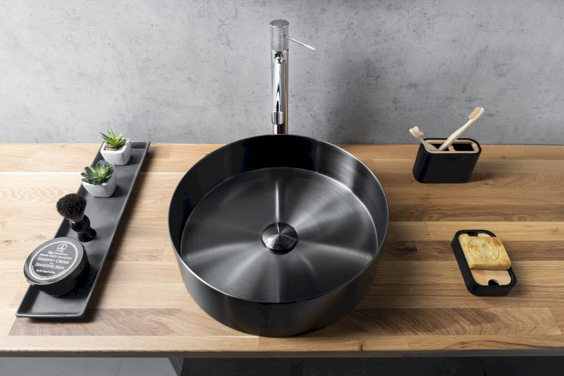 AURUM nerezové umyvadlo na desku, průměr 38cm, včetně výpusti, gun metal AU101