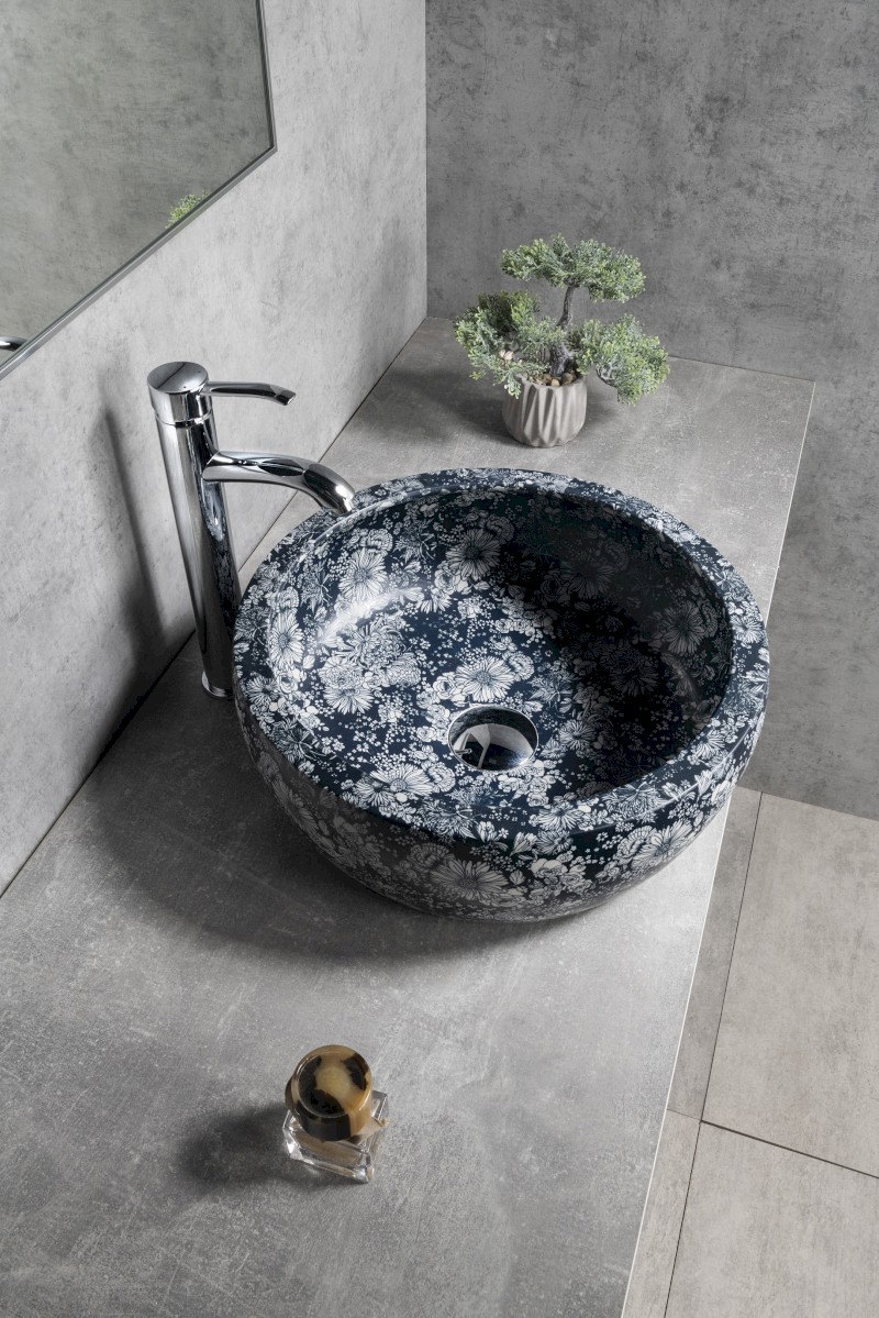 PRIORI keramické umyvadlo na desku, Ø 41 cm, modré květy PI038