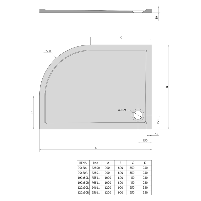 RENA L sprchová vanička z litého mramoru, čtvrtkruh 100x80cm, R550, levá, bílá 75511