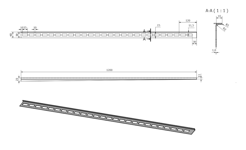 Spádová lišta, levá, výška 10mm, délka 1200mm, nerez mat SPD1210-L